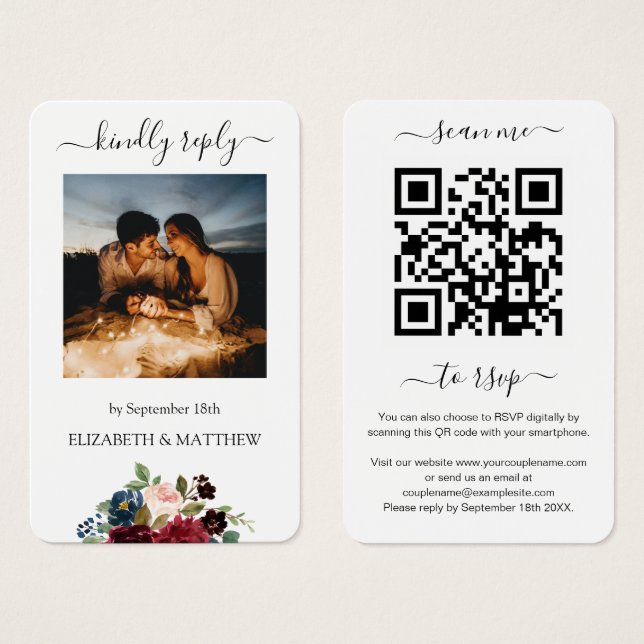 Burgundy Red Floral Photo QR Code Scan me to RSVP (Front & Back)