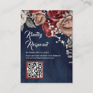 Burgundy Red Floral QR Code RSVP Navy Blue Wedding Enclosure Card