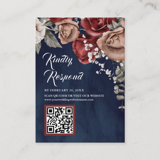 Burgundy Red Floral QR Code RSVP Navy Blue Wedding Enclosure Card (Front)