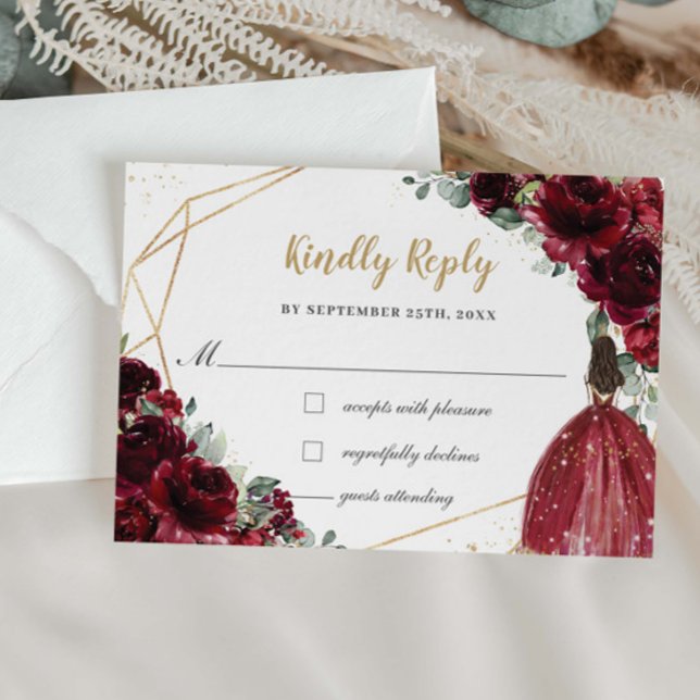 Burgundy Red Floral Quinceañera Princess Reply  RSVP Card (Creator Uploaded)