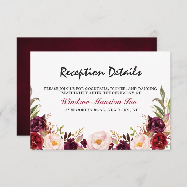 Burgundy Red Floral Rustic Boho Reception Invitation (Front/Back)
