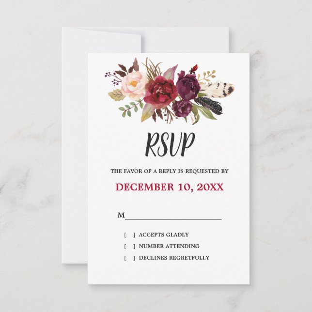 Burgundy Red Floral Rustic Boho RSVP Card (Front)