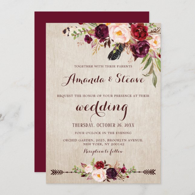 Burgundy Red Floral Rustic Boho Wedding Invitation (Front/Back)