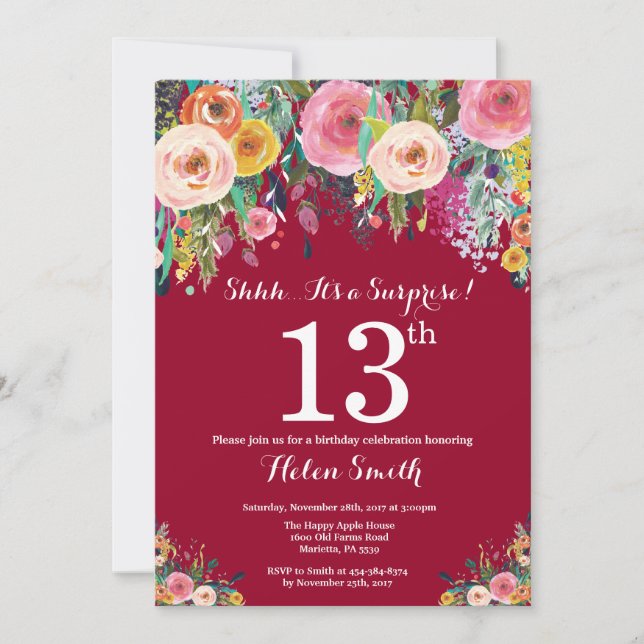 Burgundy Red Floral Surprise 13th Birthday Invitation (Front)