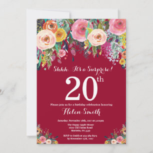 Burgundy Red Floral Surprise 20th Birthday Invitation