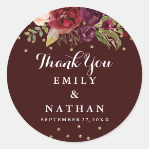 Burgundy Red Floral Thank You Wedding Sticker