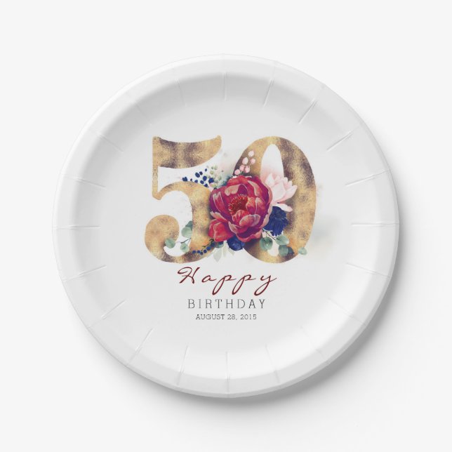 Burgundy Red Floral Typography 50th Birthday Paper Plate (Front)
