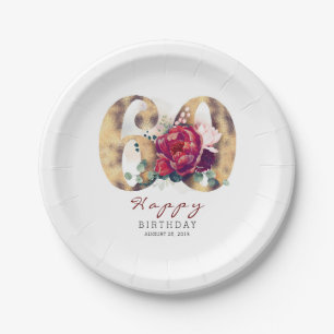 Burgundy Red Floral Typography 60th Birthday Paper Plate