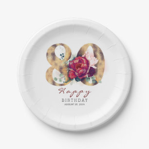 Burgundy Red Floral Typography 80th Birthday Paper Plate