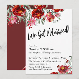 Burgundy Red Floral Typography We Got Married Invitation