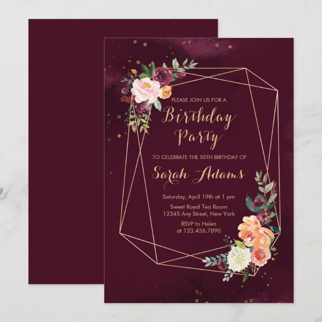 Burgundy Red Floral Watercolor 50th Birthday Invitation (Front/Back)