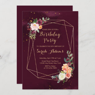 Burgundy Red Floral Watercolor 50th Birthday Invitation