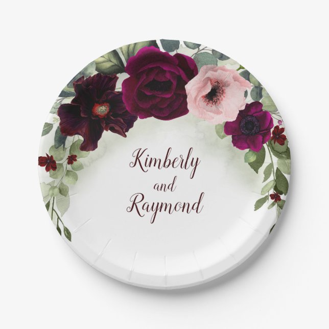 Burgundy Red Floral Watercolor Elegant Garden Paper Plate (Front)