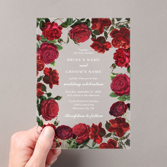 Burgundy Red Floral Watercolor Roses Wedding  Acrylic Invitations (Insitu (Handheld))