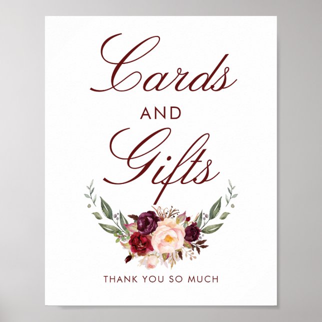 Burgundy Red Floral Wedding Cards and Gifts Sign (Front)