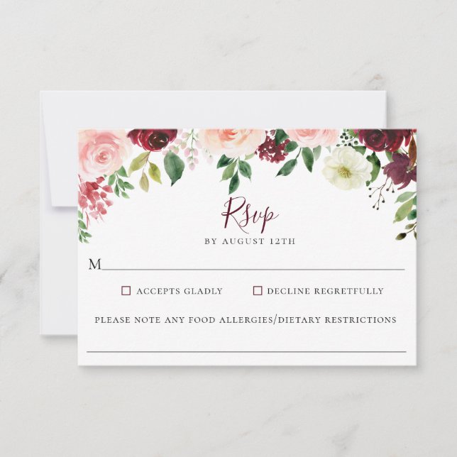 Burgundy Red Floral Wedding Food Allergy RSVP Card (Front)