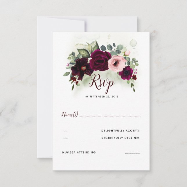 Burgundy Red Floral Wedding RSVP Card (Front)