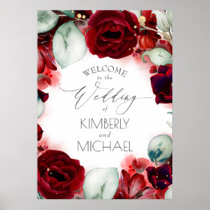 Burgundy Red Floral Wedding Welcome Poster