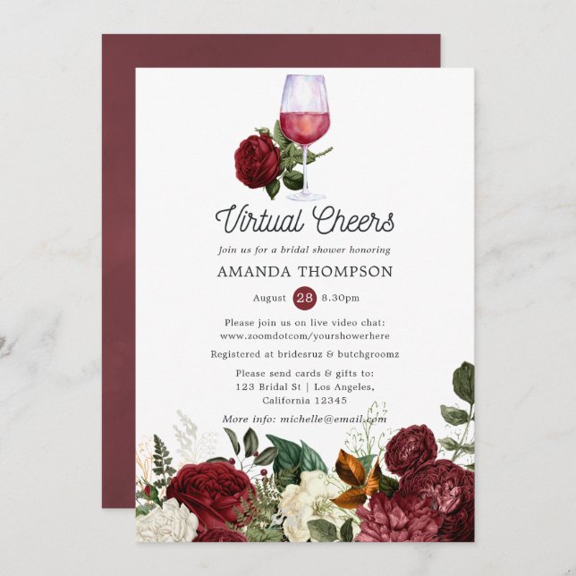 Burgundy Red Floral Wine Virtual Bridal Shower Invitation (Front/Back)