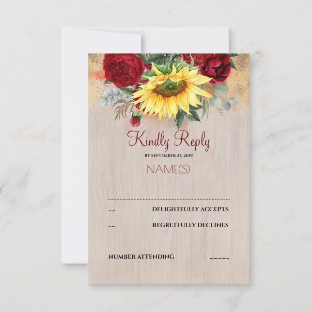 Burgundy Red Florals and Sunflowers Wedding RSVP Card (Front)