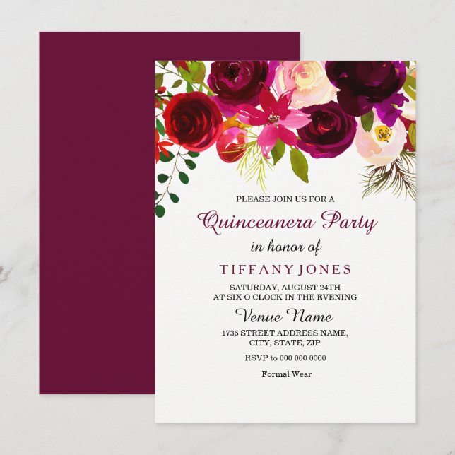 Burgundy Red Flower Quinceanera Party Invite (Front/Back)
