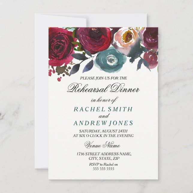 Burgundy Red Flower Wedding Rehersal Dinner Invite (Front)