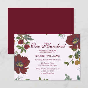 Burgundy Red Flowers 100th Birthday Party Invite