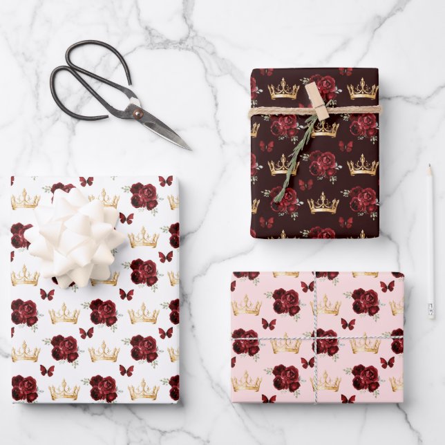 Burgundy Red Flowers and Gold Crowns Wrapping Paper Sheet (Front)