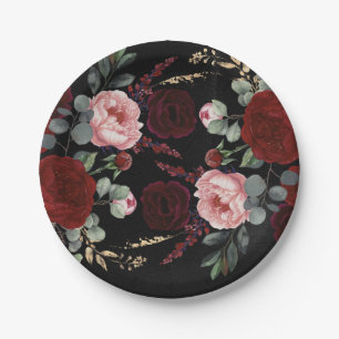 Burgundy Red Flowers Black Modern Fall Wedding Paper Plate