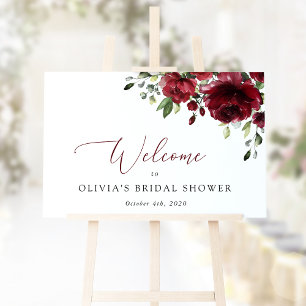 Burgundy Red Flowers, Boho, Bridal Shower Welcome Poster