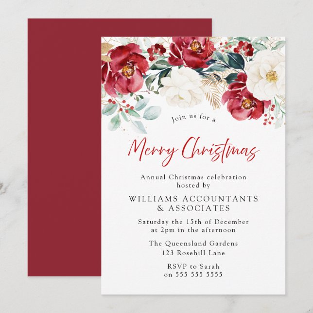 Burgundy Red Flowers Company Christmas Party Invitation (Front/Back)