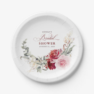 Burgundy Red Flowers Elegant Boho Bridal Shower Paper Plate