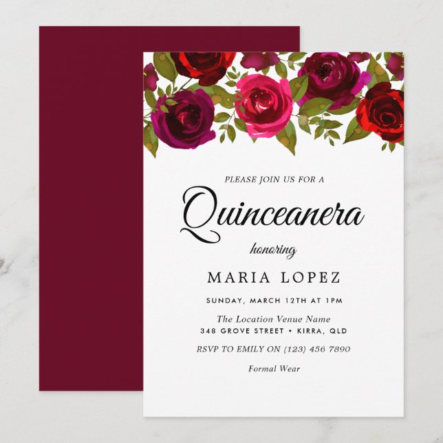 Burgundy Red Flowers Elegant Quinceanera Invite (Front/Back)