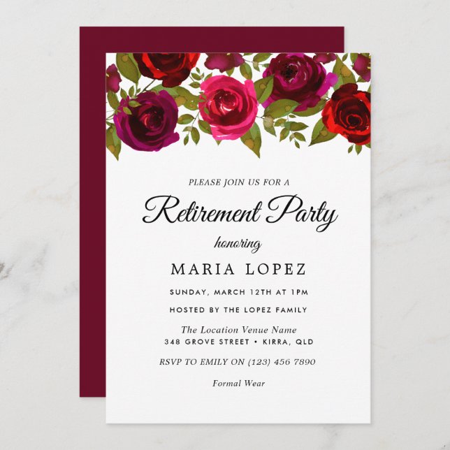 Burgundy Red Flowers Elegant Retirement Party Invitation (Front/Back)