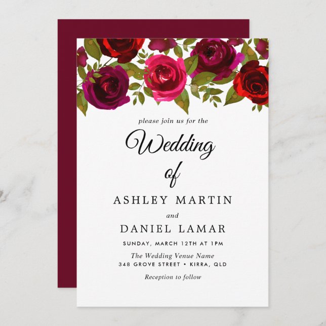 Burgundy Red Flowers Elegant Wedding Invitation (Front/Back)