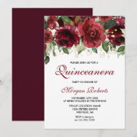 Burgundy Red Flowers Glitter Quinceanera Party