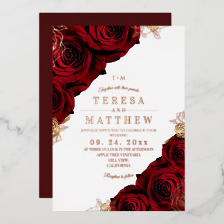 Burgundy Red Flowers Gold Foil Wedding