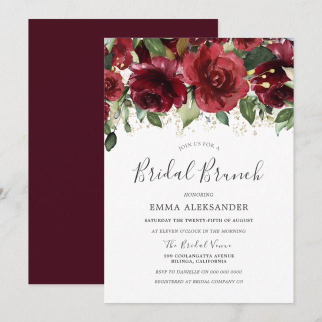 Burgundy Red Flowers Gold Glitter Bridal Shower Invitation (Front/Back)