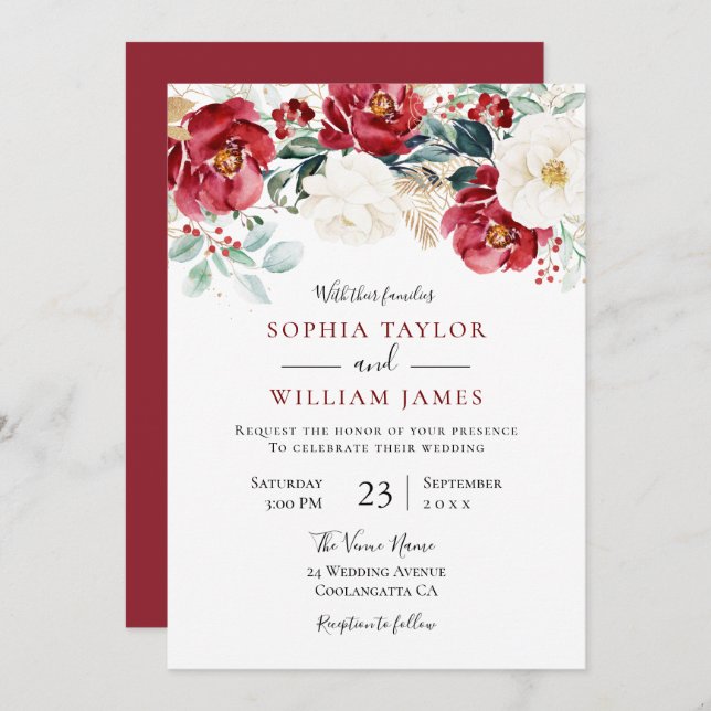 Burgundy Red Flowers Holiday Wedding Invitation (Front/Back)