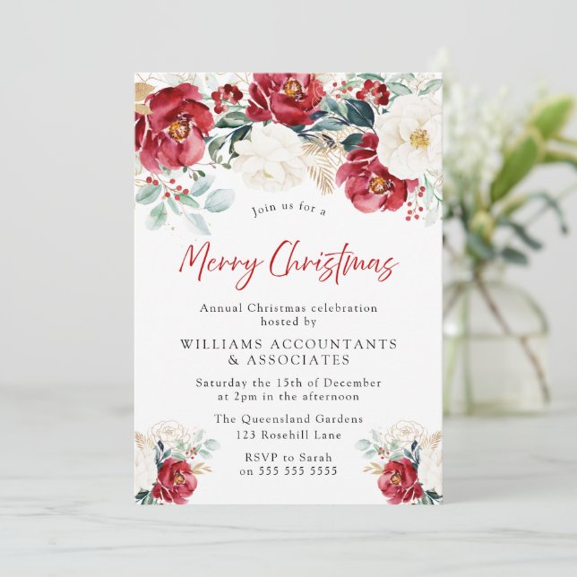 Burgundy Red Flowers Merry Christmas Party Invitation (Standing Front)