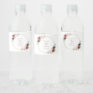 Burgundy Red Flowers, Pink Flowers, Baby Shower Water Bottle Label