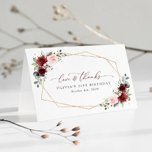 Burgundy Red Flowers, Pink Flowers, Birthday Thank You Card