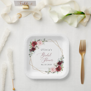 Burgundy Red Flowers, Pink Flowers, Bridal Shower Paper Plate