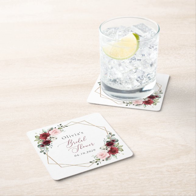 Burgundy Red Flowers, Pink Flowers, Bridal Shower Square Paper Coaster (Insitu)