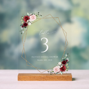 Burgundy Red Flowers, Pink Flowers, Table Numbers Acrylic Sign