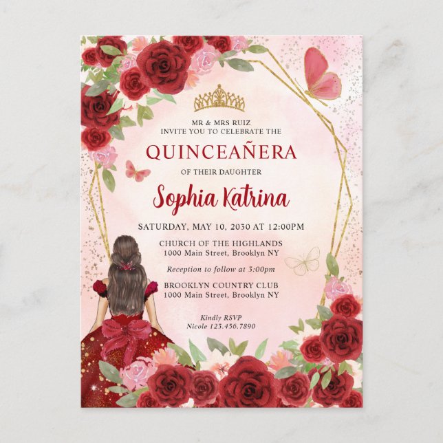 Burgundy Red Glam Gold Floral Princess Quinceañera Invitation Postcard (Front)