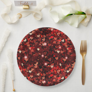 Burgundy Red Glitter Hearts Hugs Paper Plate