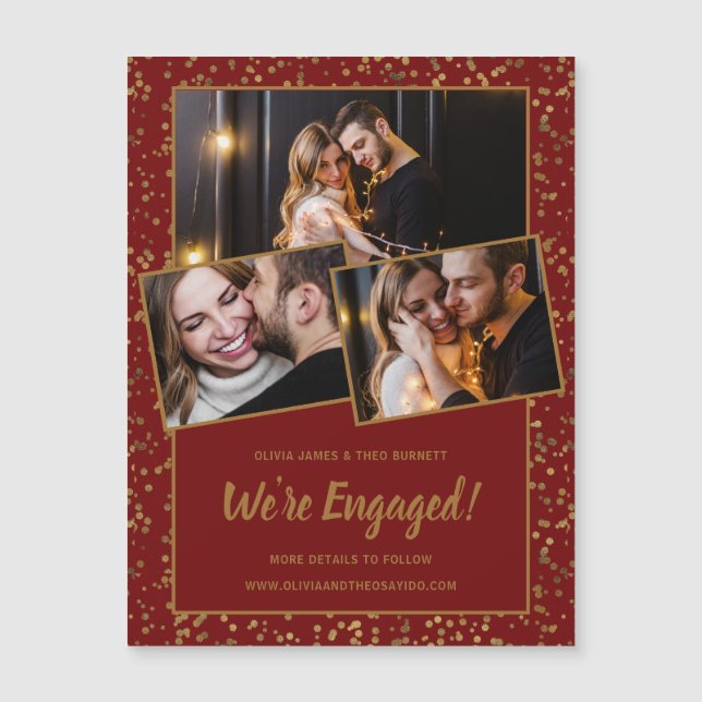 Burgundy Red Gold 3Photo Magnetic Engagement Card (Front)