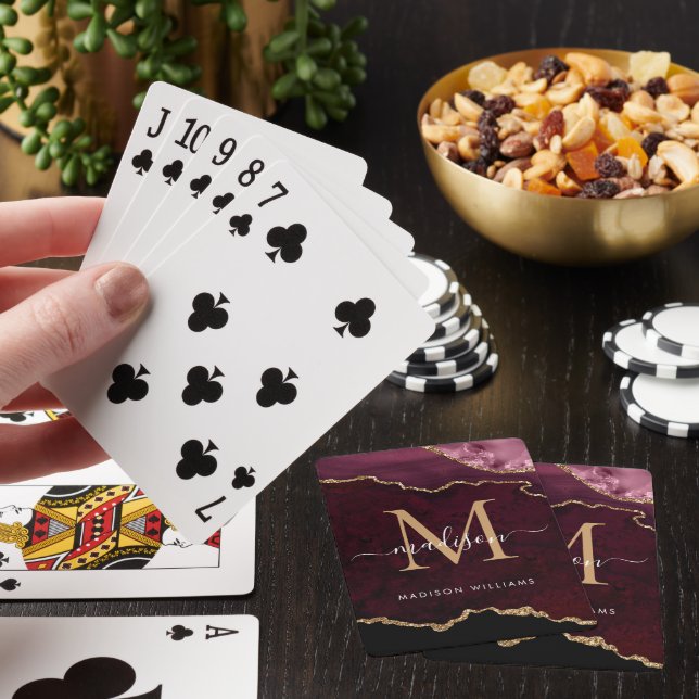 Burgundy Red Gold Agate Geode Glitter Monogram Playing Cards (In Situ)