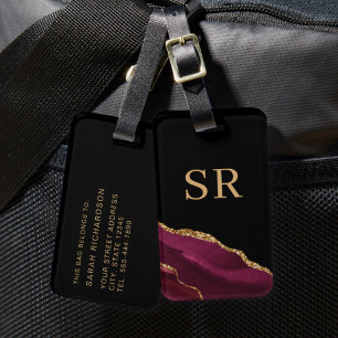 Burgundy Red Gold Agate Monogram Luggage Tag